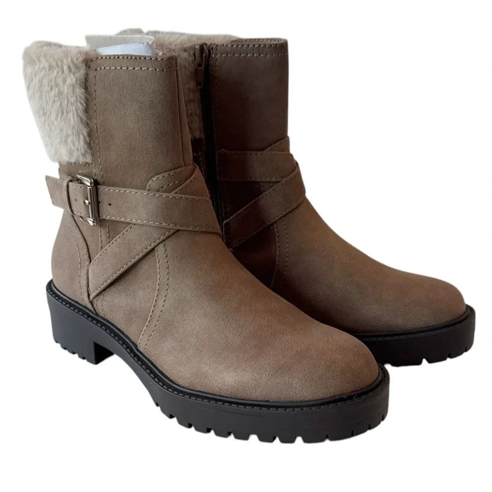 DV By Dolce Vita Oaklyn Faux Leather Boots Brown Fur Round Toe Zip Buckle 8.5